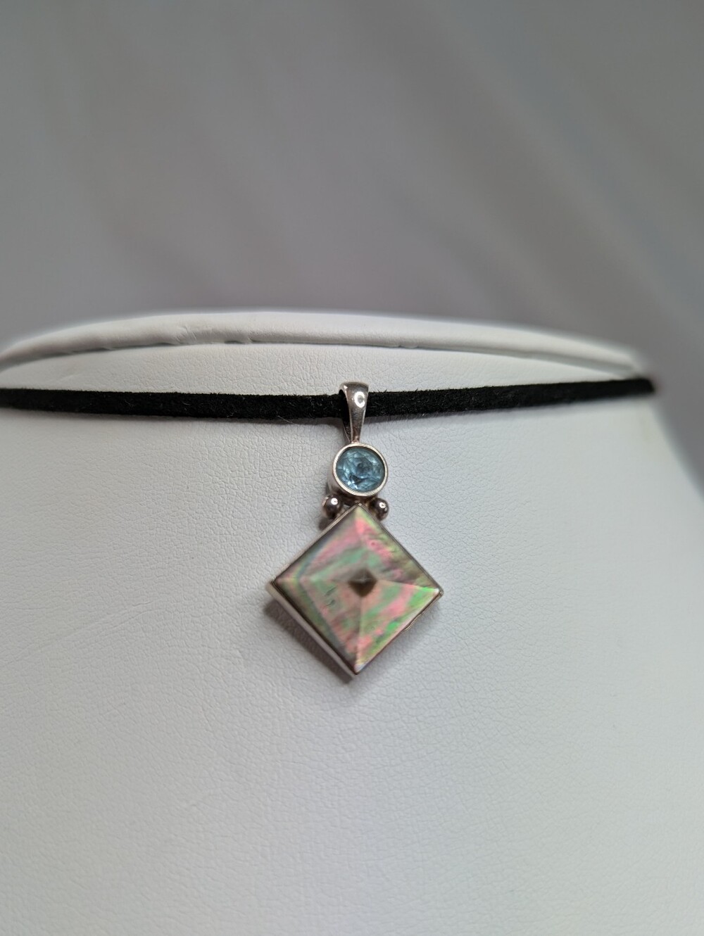 Sterling Silver Abalone Square Pendant with Blue Topaz Accent